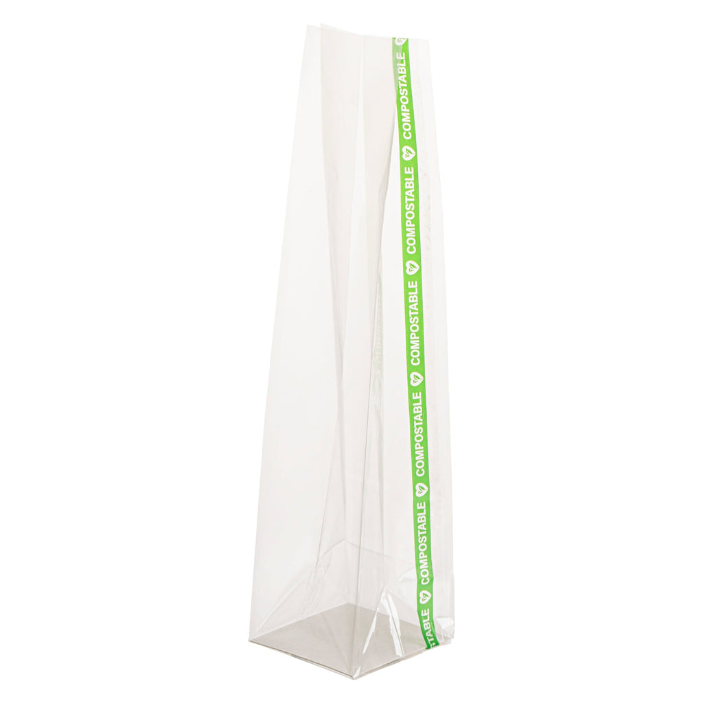 Basic Nature Clear Plastic Gusset Bag - Compostable, Paper Insert, Heat Sealable - 2" x 2" x 8 1/4" - 100 count box