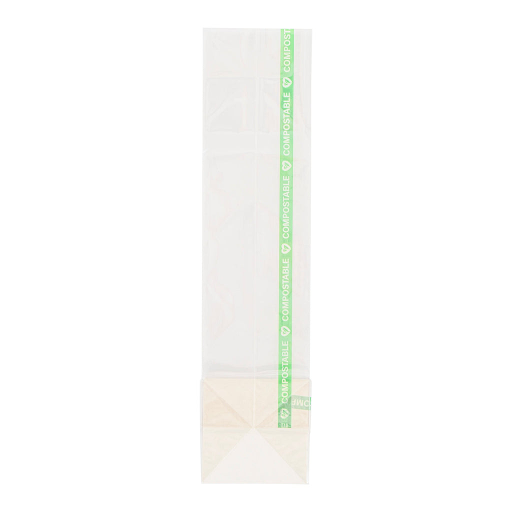 Basic Nature Clear Plastic Gusset Bag - Compostable, Paper Insert, Heat Sealable - 2" x 2" x 8 1/4" - 100 count box