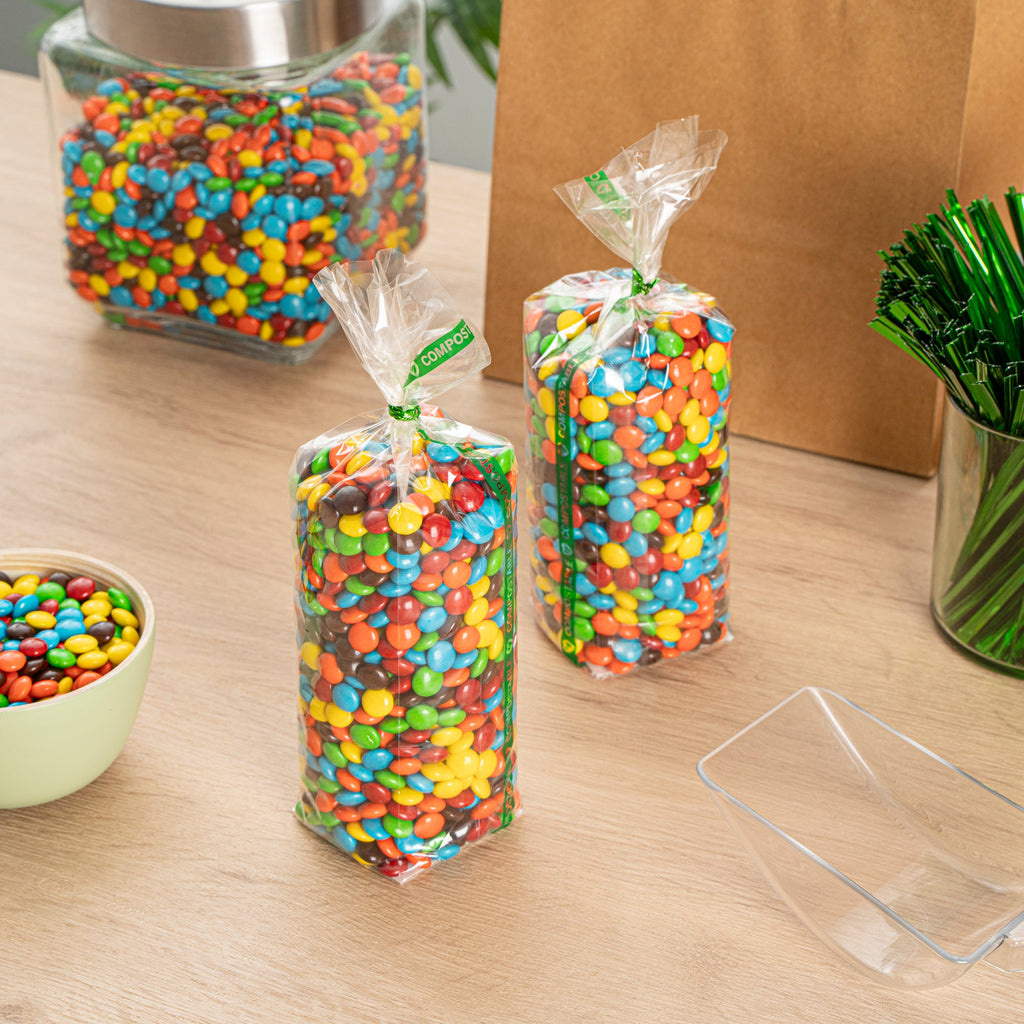Basic Nature Clear Plastic Gusset Bag - Compostable, Paper Insert, Heat Sealable - 2" x 2" x 8 1/4" - 100 count box
