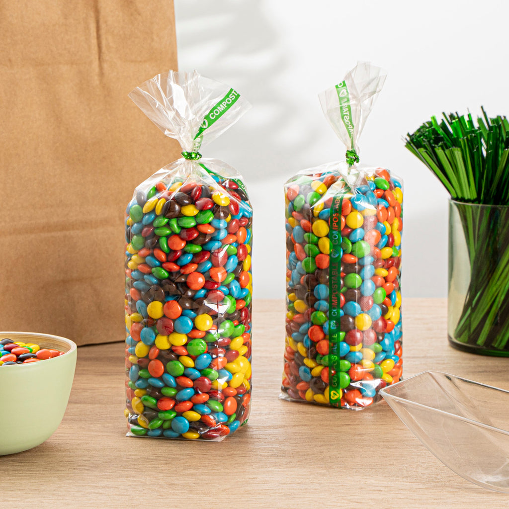 Basic Nature Clear Plastic Gusset Bag - Compostable, Paper Insert, Heat Sealable - 2" x 2" x 8 1/4" - 100 count box