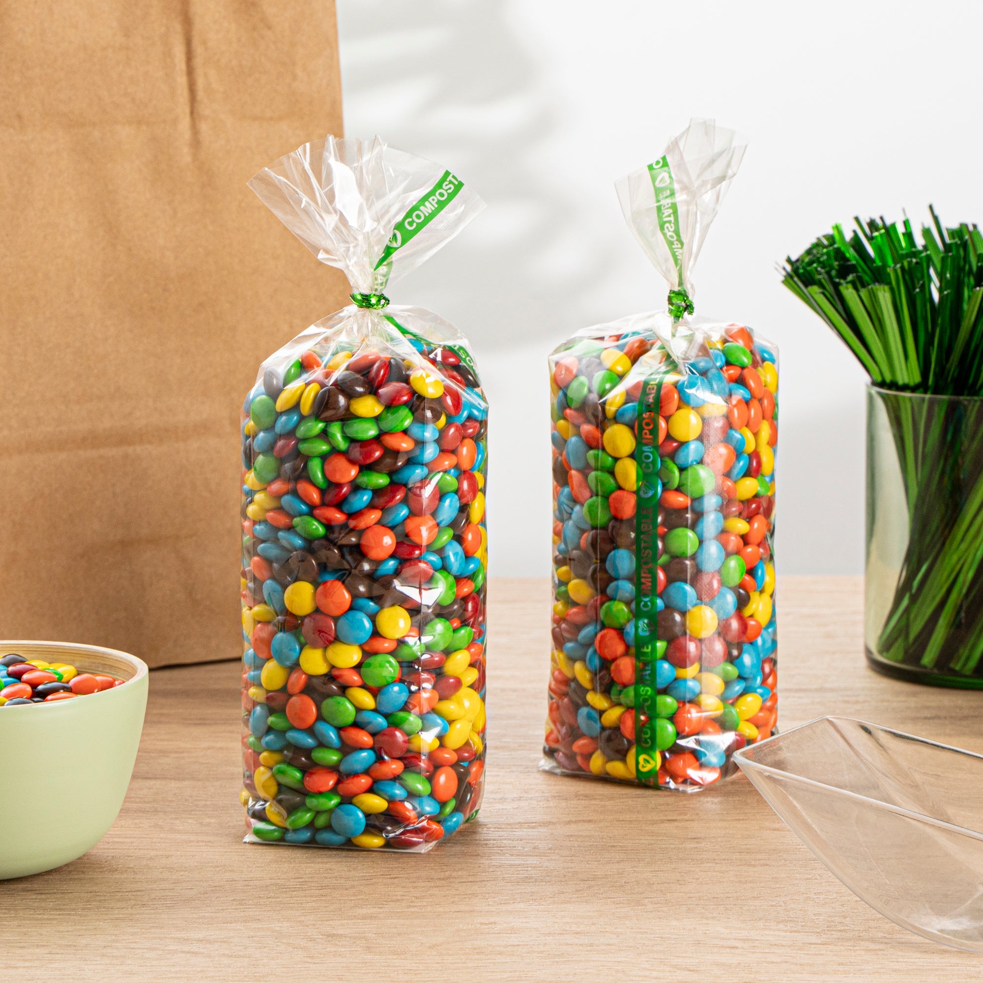 Basic Nature Clear Plastic Gusset Bag - Compostable, Paper Insert, Heat Sealable - 2" x 2" x 8 1/4" - 100 count box