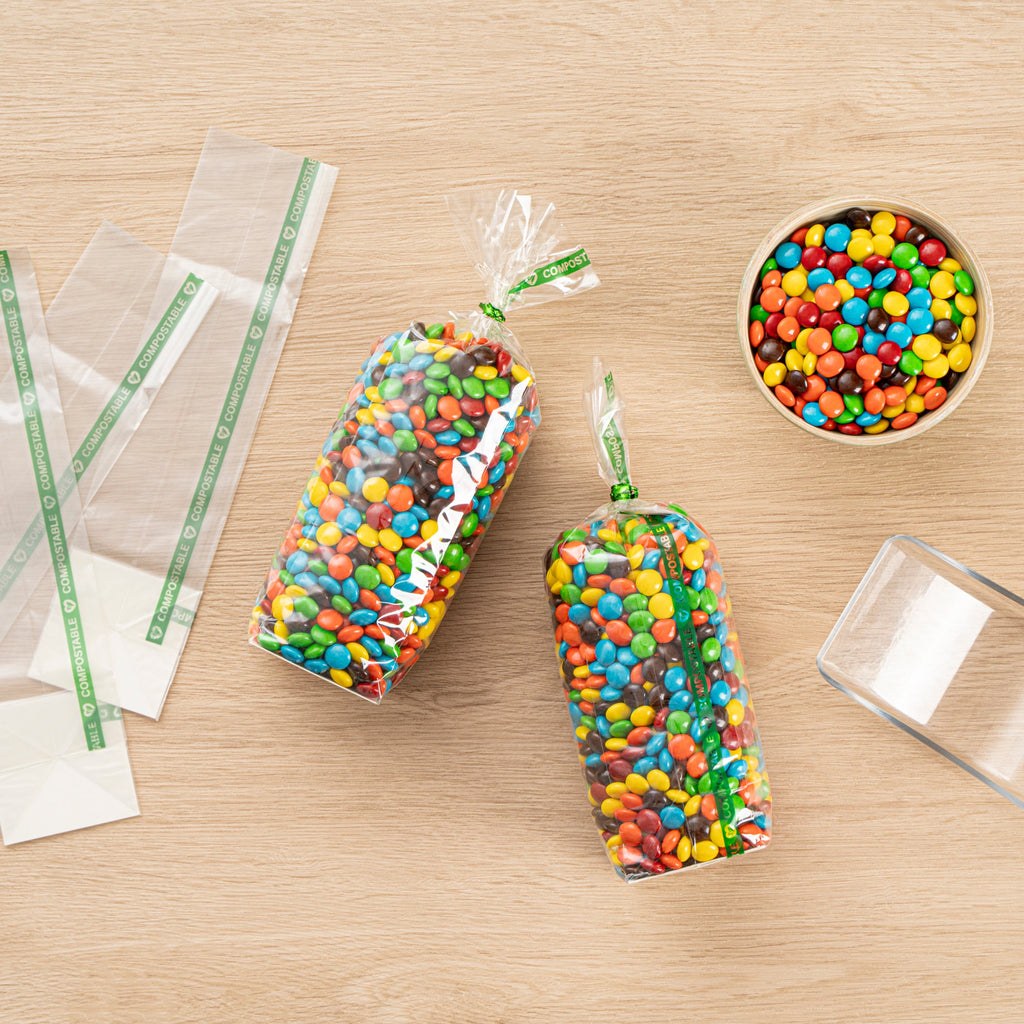 Basic Nature Clear Plastic Gusset Bag - Compostable, Paper Insert, Heat Sealable - 2" x 2" x 8 1/4" - 100 count box
