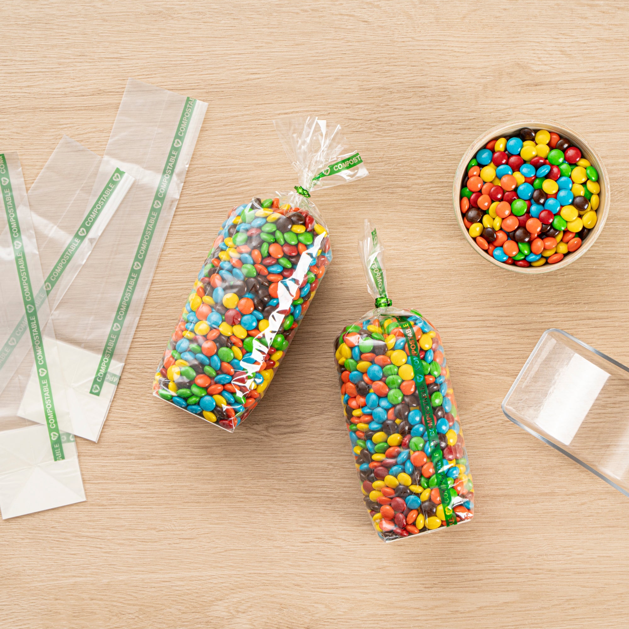 Basic Nature Clear Plastic Gusset Bag - Compostable, Paper Insert, Heat Sealable - 2" x 2" x 8 1/4" - 100 count box
