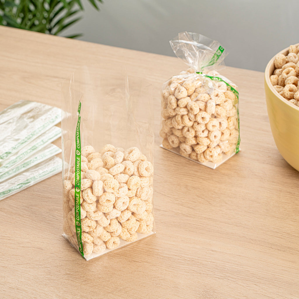 Basic Nature Clear Plastic Gusset Bag - Compostable, Paper Insert, Heat Sealable - 3" x 2" x 6 1/2" - 100 count box