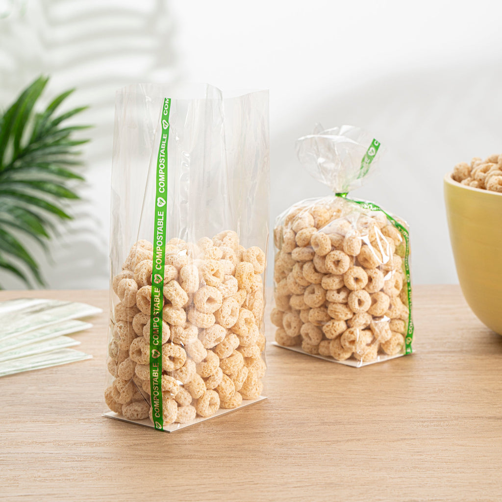 Basic Nature Clear Plastic Gusset Bag - Compostable, Paper Insert, Heat Sealable - 3" x 2" x 6 1/2" - 100 count box