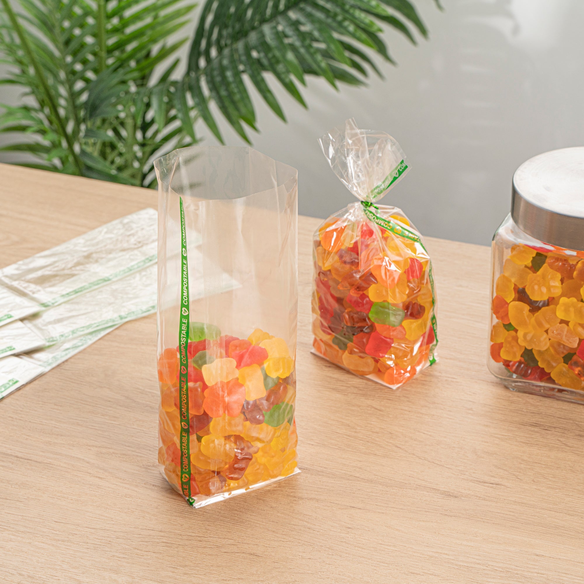 Basic Nature Clear Plastic Gusset Bag - Compostable, Paper Insert, Heat Sealable - 3" x 2" x 8" - 100 count box
