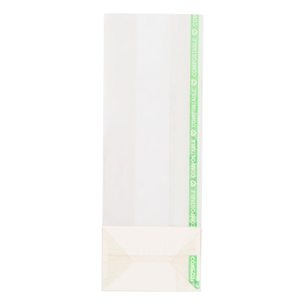 Basic Nature Clear Plastic Gusset Bag - Compostable, Paper Insert, Heat Sealable - 3" x 2" x 8" - 100 count box