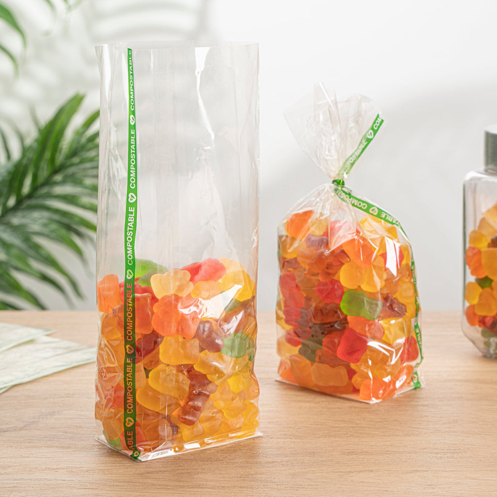 Basic Nature Clear Plastic Gusset Bag - Compostable, Paper Insert, Heat Sealable - 3" x 2" x 8" - 100 count box
