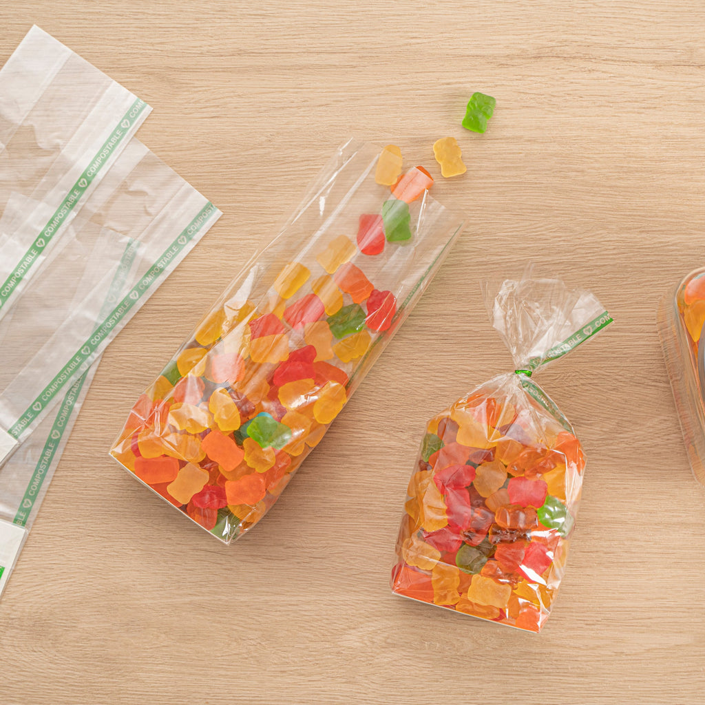 Basic Nature Clear Plastic Gusset Bag - Compostable, Paper Insert, Heat Sealable - 3" x 2" x 8" - 100 count box