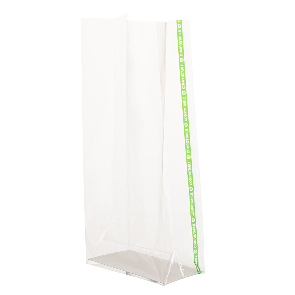 Basic Nature Clear Plastic Gusset Bag - Compostable, Paper Insert, Heat Sealable - 5" x 3" x 12" - 100 count box
