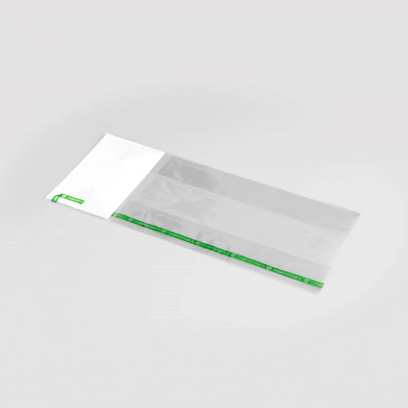 Basic Nature Clear Plastic Gusset Bag - Compostable, Paper Insert, Heat Sealable - 5" x 3" x 12" - 100 count box