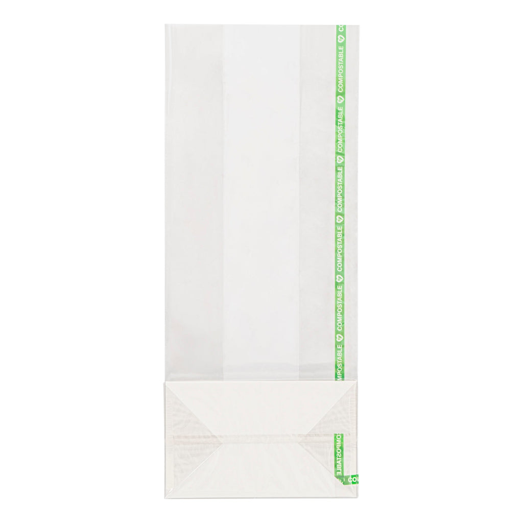 Basic Nature Clear Plastic Gusset Bag - Compostable, Paper Insert, Heat Sealable - 5" x 3" x 12" - 100 count box