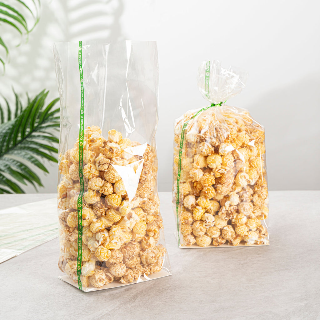 Basic Nature Clear Plastic Gusset Bag - Compostable, Paper Insert, Heat Sealable - 5" x 3" x 12" - 100 count box