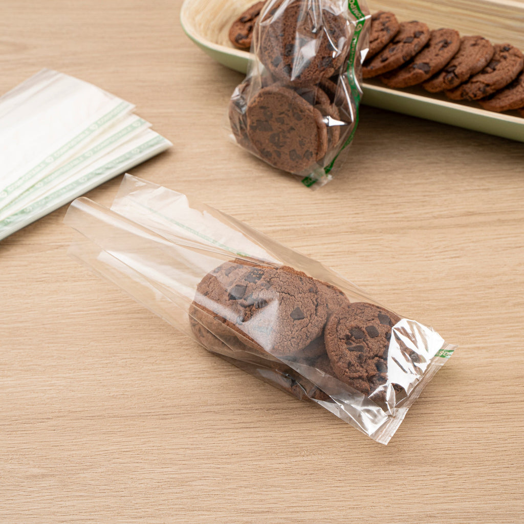 Basic Nature Clear Plastic Gusset Bag - Compostable, High Clarity, Heat Sealable - 3" x 1 1/4" x 8 1/4" - 100 count box