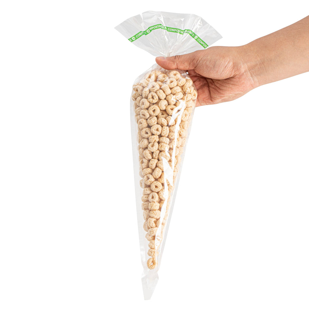 Basic Nature Clear Plastic Cone Bag - Compostable, High Clarity - 17" x 7 1/2" - 100 count box