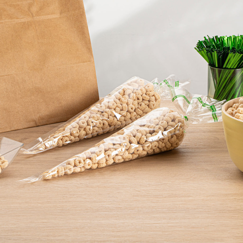 Basic Nature Clear Plastic Cone Bag - Compostable, High Clarity - 17" x 7 1/2" - 100 count box