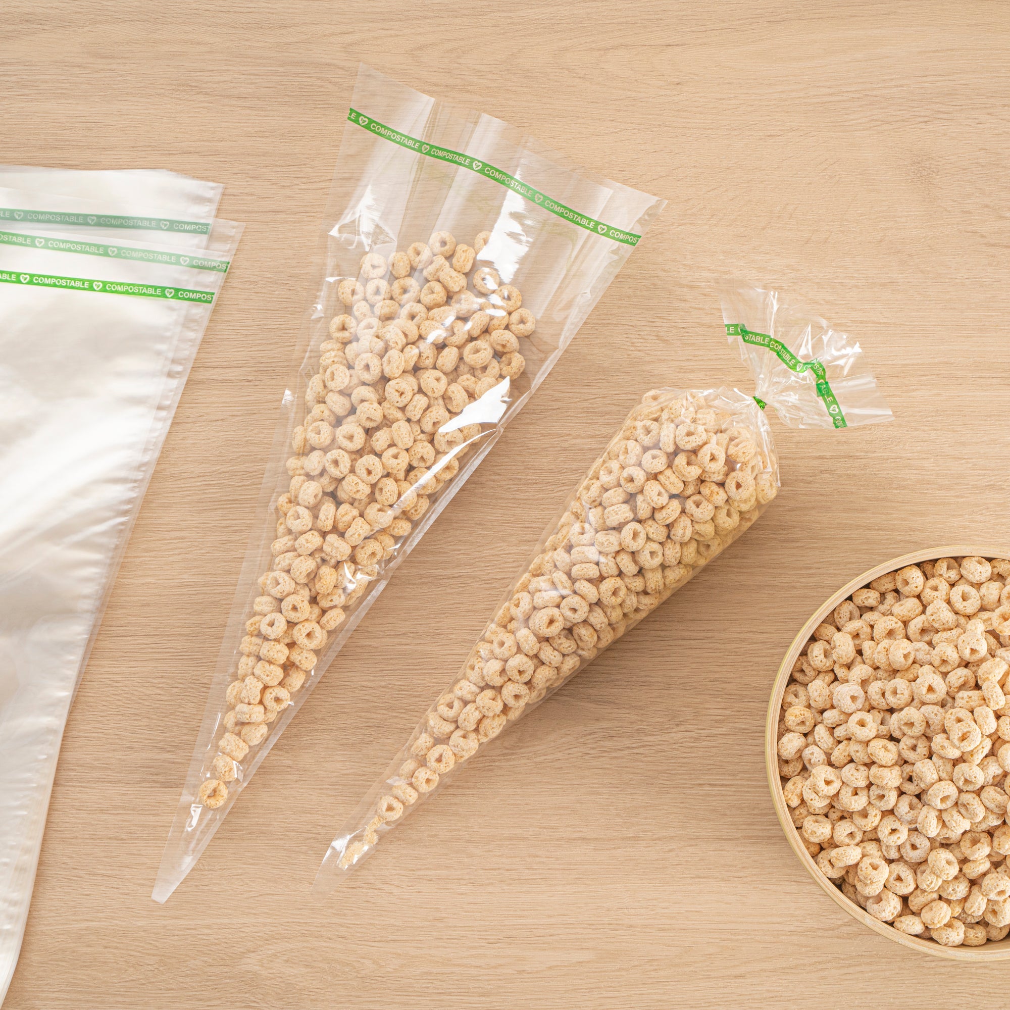 Basic Nature Clear Plastic Cone Bag - Compostable, High Clarity - 17" x 7 1/2" - 100 count box