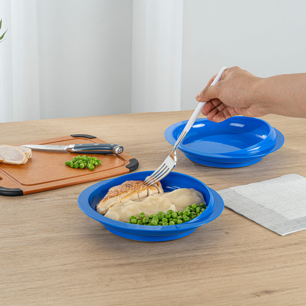Adapt Tek Round Blue Plastic Scoop Plate - Spillproof, with Suction Base - 9" x 9" x 2 1/4" - 1 count box