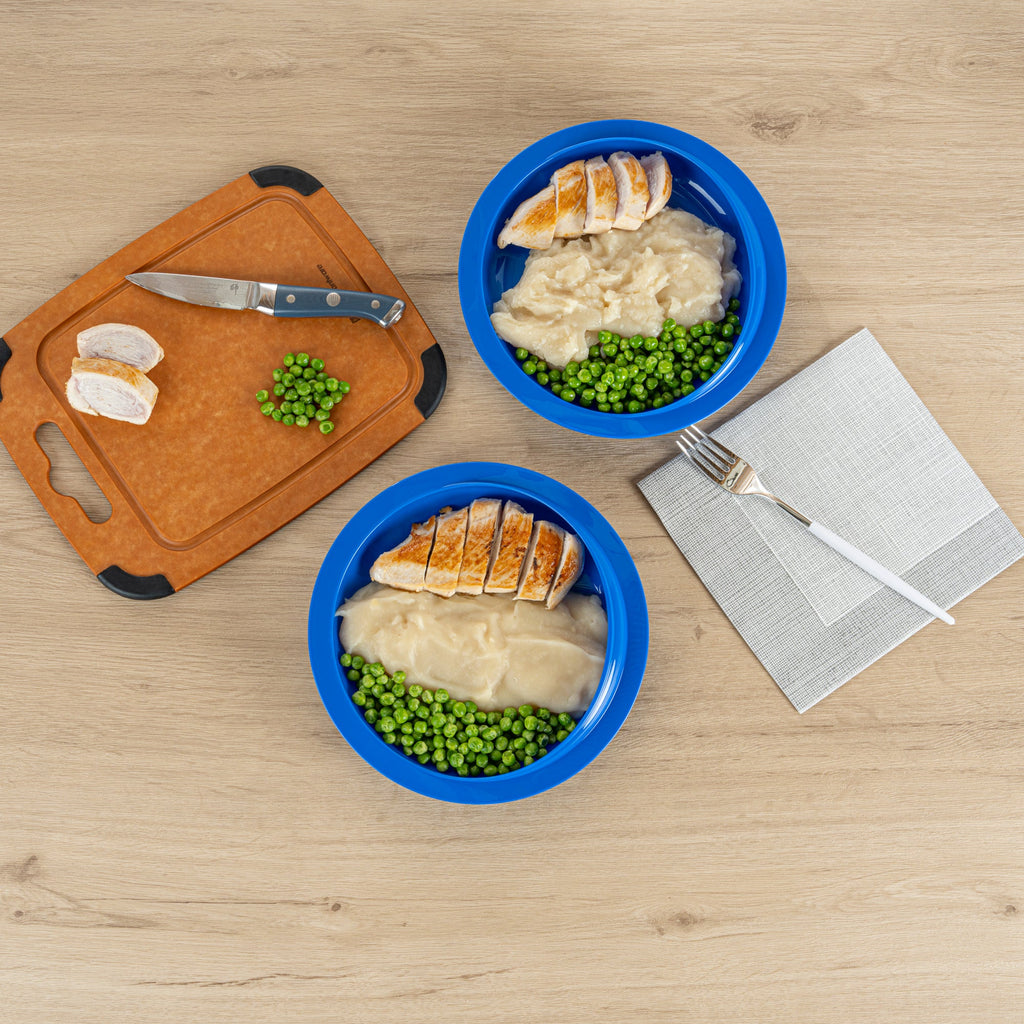 Adapt Tek Round Blue Plastic Scoop Plate - Spillproof, with Suction Base - 9" x 9" x 2 1/4" - 1 count box