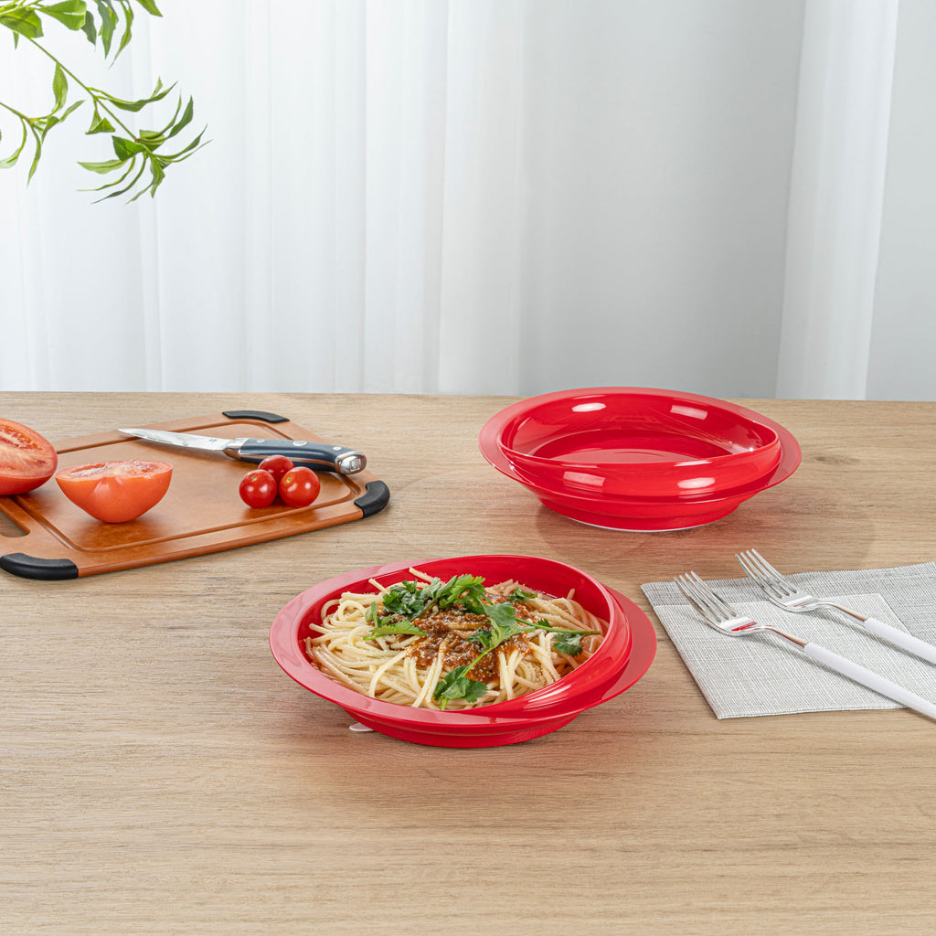 Adapt Tek Round Red Plastic Scoop Plate - Spillproof, with Suction Base - 9" x 9" x 2 1/4" - 1 count box