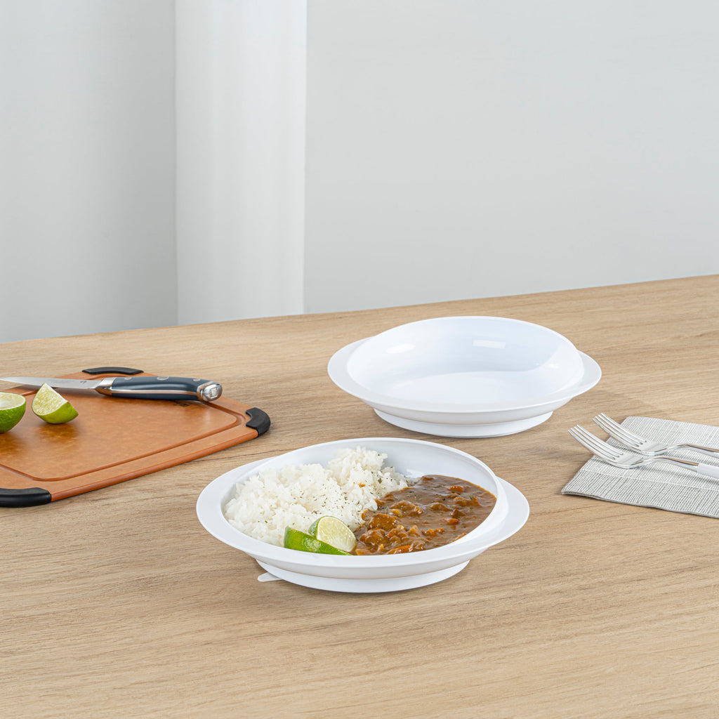 Adapt Tek Round White Plastic Scoop Plate - Spillproof, with Suction Base - 9" x 9" x 2 1/4" - 1 count box