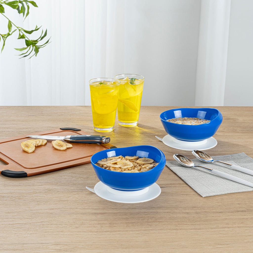 Adapt Tek 19 oz Round Blue Plastic Scoop Bowl - Spillproof, with Suction Base - 5 3/4" x 5 3/4" x 3" - 20 count box
