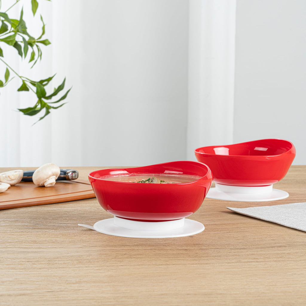 Adapt Tek 19 oz Round Red Plastic Scoop Bowl - Spillproof, with Suction Base - 5 3/4" x 5 3/4" x 3" - 20 count box