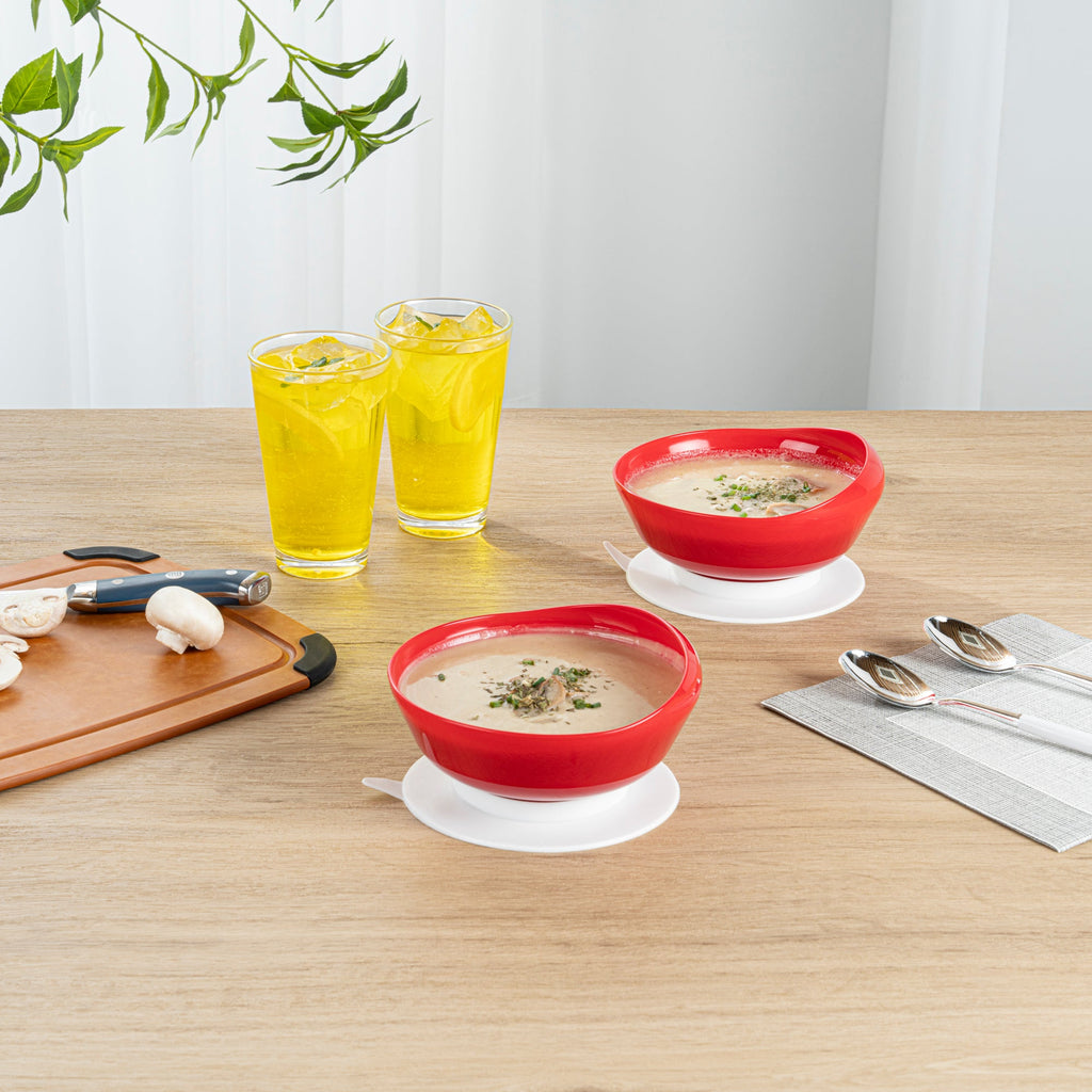 Adapt Tek 19 oz Round Red Plastic Scoop Bowl - Spillproof, with Suction Base - 5 3/4" x 5 3/4" x 3" - 20 count box