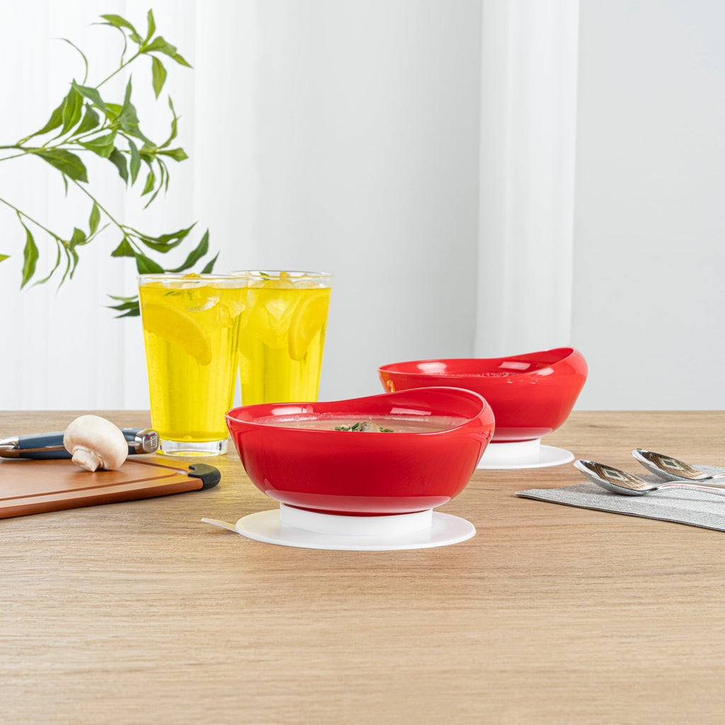 Adapt Tek 19 oz Round Red Plastic Scoop Bowl - Spillproof, with Suction Base - 5 3/4" x 5 3/4" x 3" - 20 count box