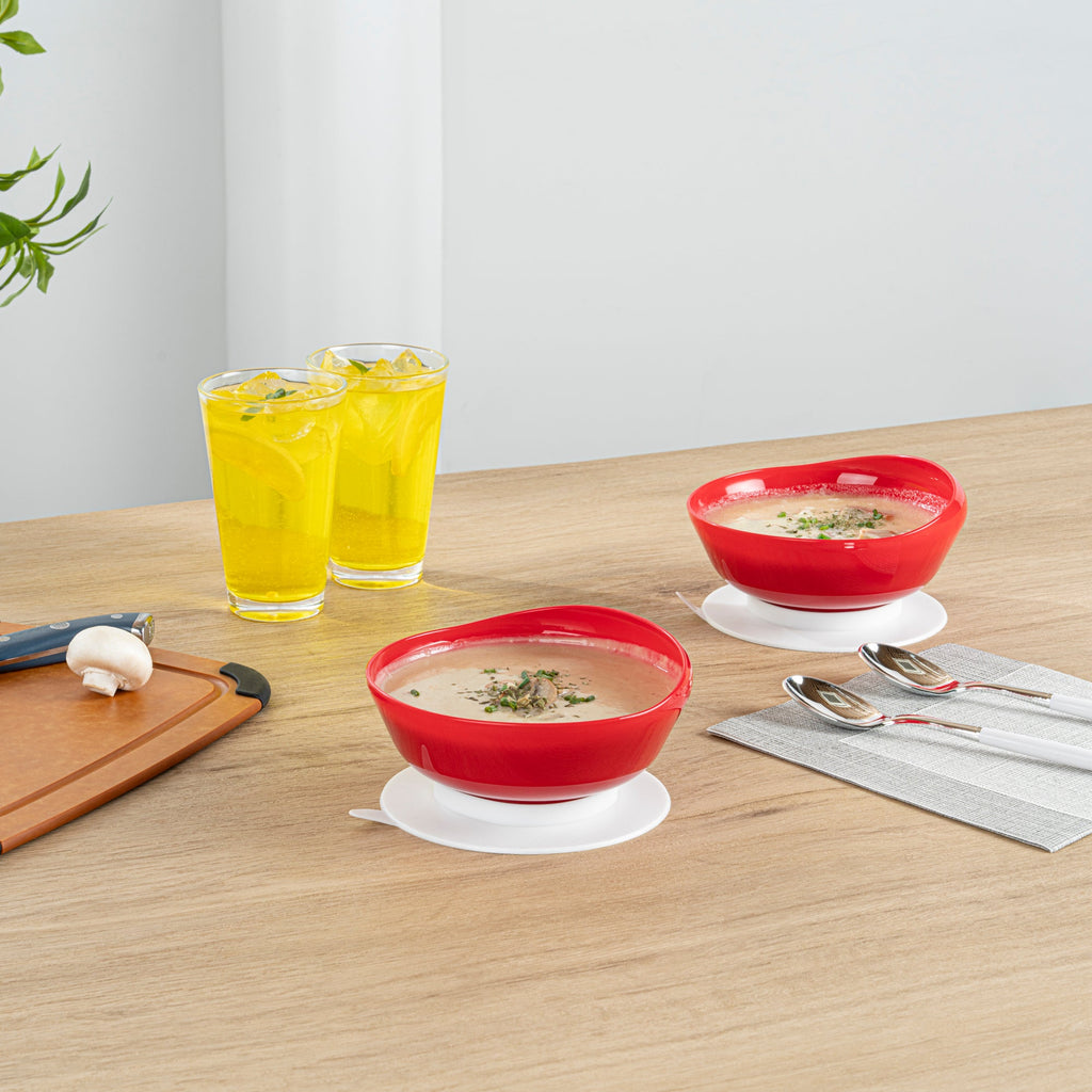 Adapt Tek 19 oz Round Red Plastic Scoop Bowl - Spillproof, with Suction Base - 5 3/4" x 5 3/4" x 3" - 20 count box