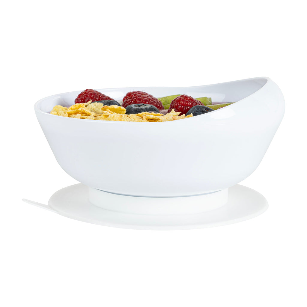 Adapt Tek 19 oz Round White Plastic Scoop Bowl - Spillproof, with Suction Base - 5 3/4" x 5 3/4" x 3" - 1 count box