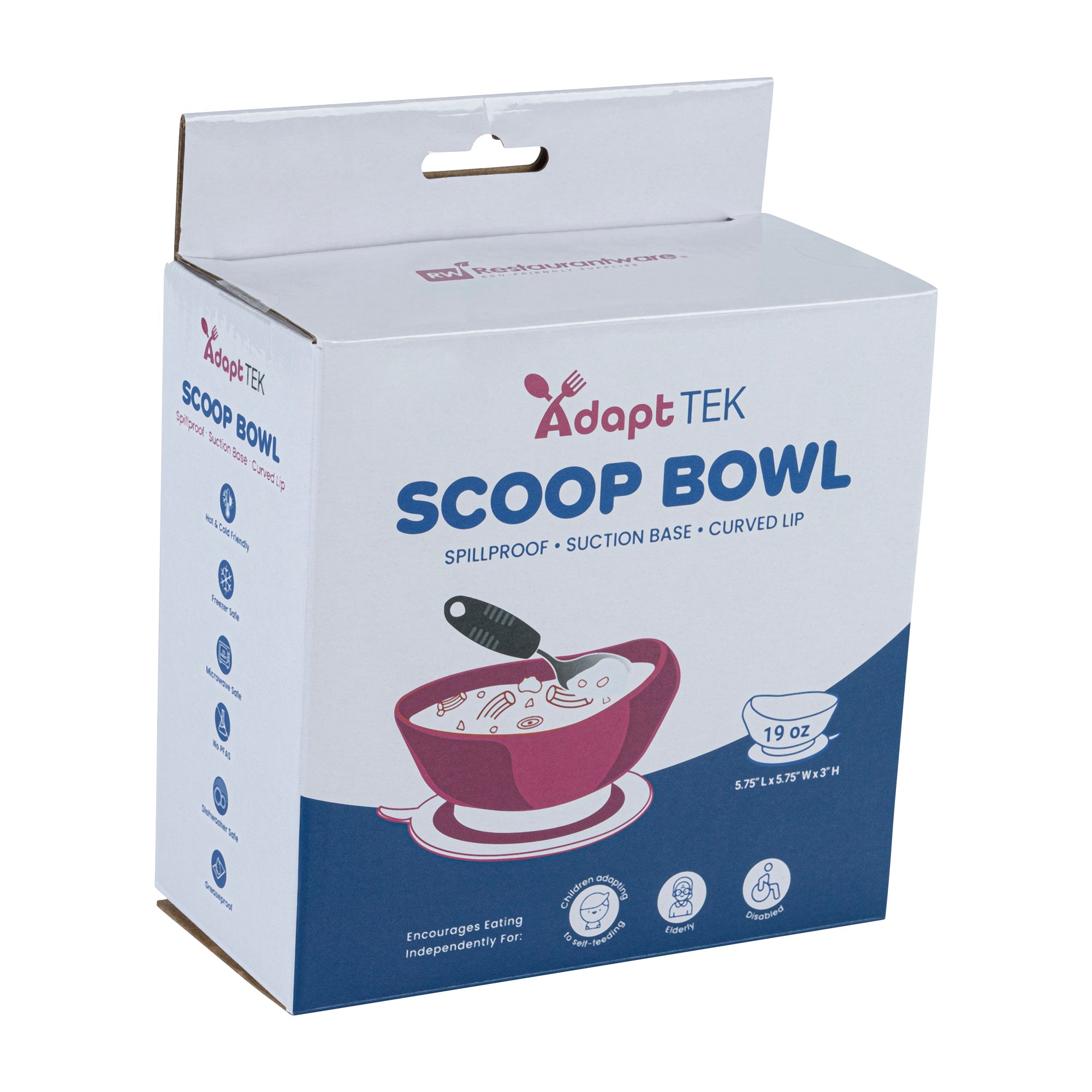 Adapt Tek 19 oz Round White Plastic Scoop Bowl - Spillproof, with Suction Base - 5 3/4" x 5 3/4" x 3" - 1 count box