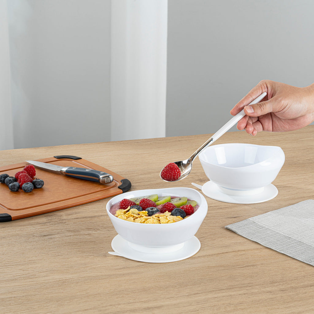 Adapt Tek 19 oz Round White Plastic Scoop Bowl - Spillproof, with Suction Base - 5 3/4" x 5 3/4" x 3" - 1 count box