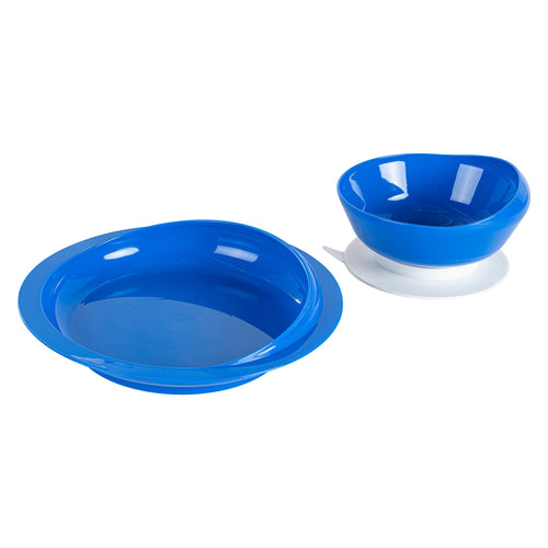 Adapt Tek Blue Plastic 2-Piece Scoop Plate and Bowl Set - Spillproof, with Suction Base - Includes 1 Plate and 1 Bowl