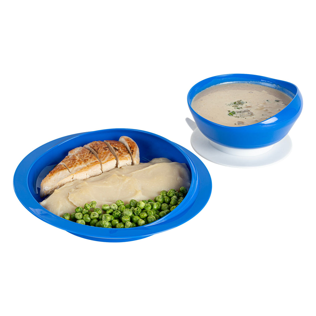 Adapt Tek Blue Plastic 2-Piece Scoop Plate and Bowl Set - Spillproof, with Suction Base - Includes 1 Plate and 1 Bowl