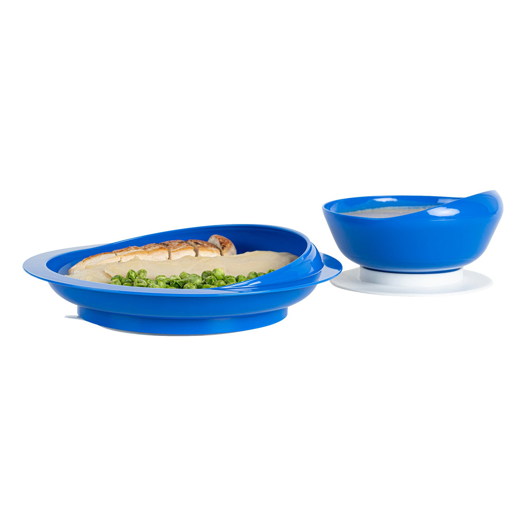 Adapt Tek Blue Plastic 2-Piece Scoop Plate and Bowl Set - Spillproof, with Suction Base - Includes 1 Plate and 1 Bowl