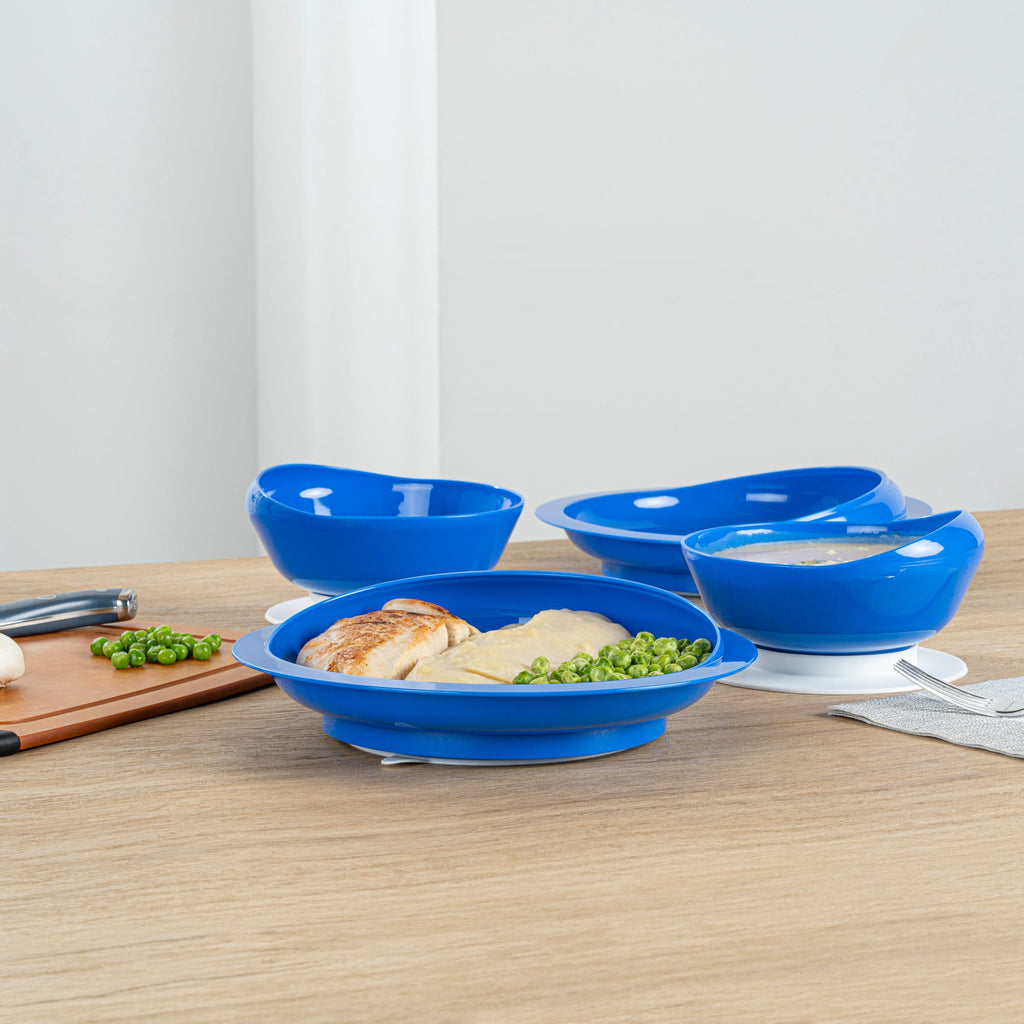 Adapt Tek Blue Plastic 2-Piece Scoop Plate and Bowl Set - Spillproof, with Suction Base - Includes 1 Plate and 1 Bowl