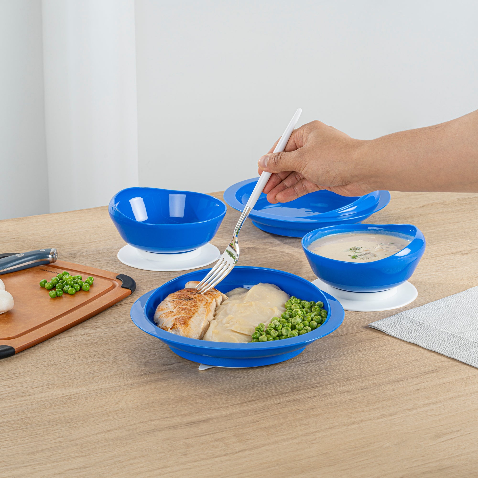 Adapt Tek Blue Plastic 2-Piece Scoop Plate and Bowl Set - Spillproof, with Suction Base - Includes 1 Plate and 1 Bowl