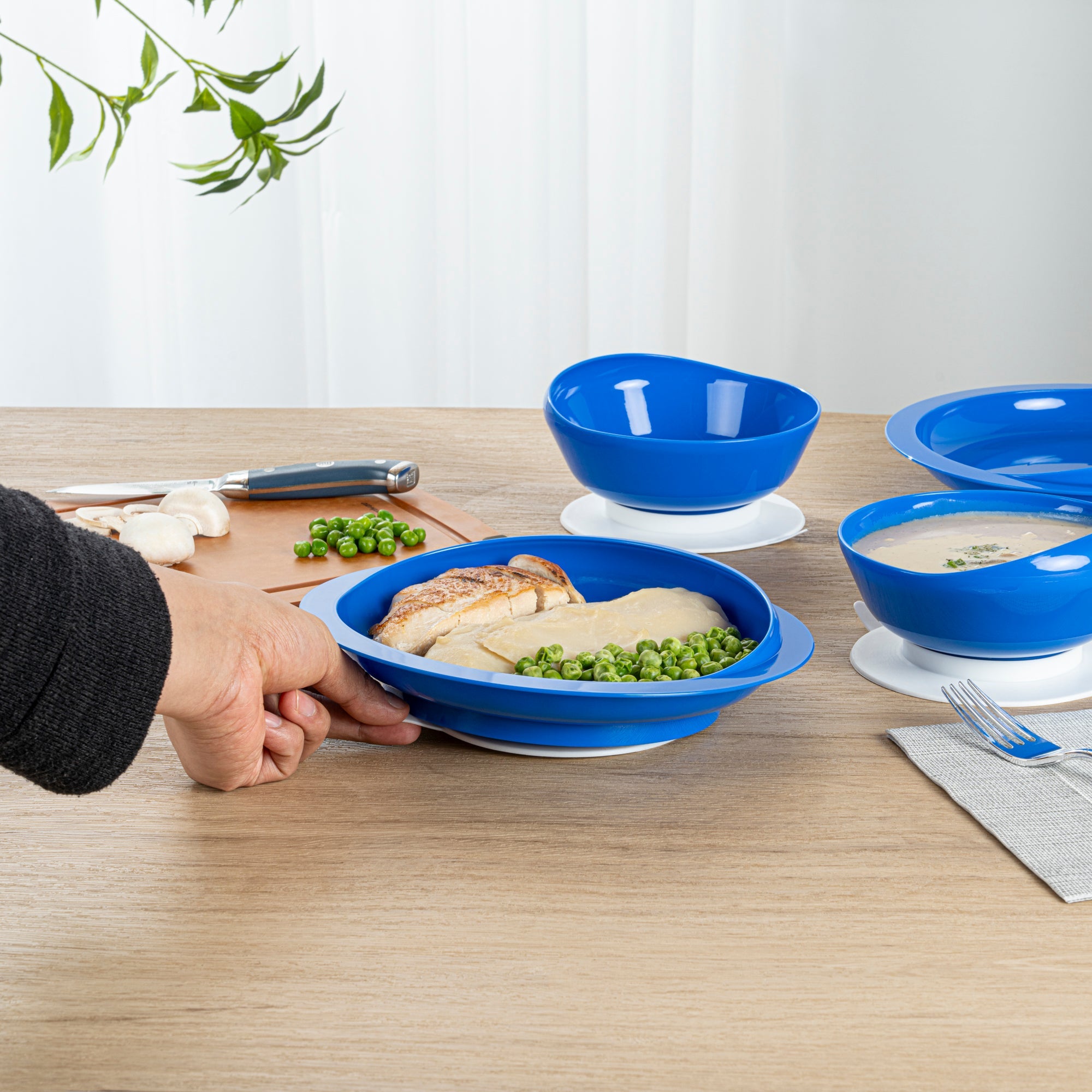 Adapt Tek Blue Plastic 2-Piece Scoop Plate and Bowl Set - Spillproof, with Suction Base - Includes 1 Plate and 1 Bowl