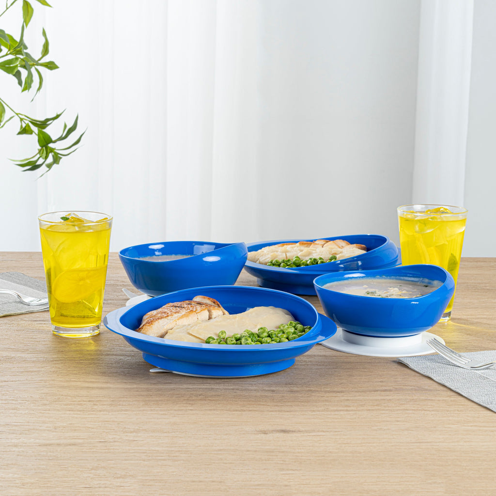 Adapt Tek Blue Plastic 2-Piece Scoop Plate and Bowl Set - Spillproof, with Suction Base - Includes 1 Plate and 1 Bowl