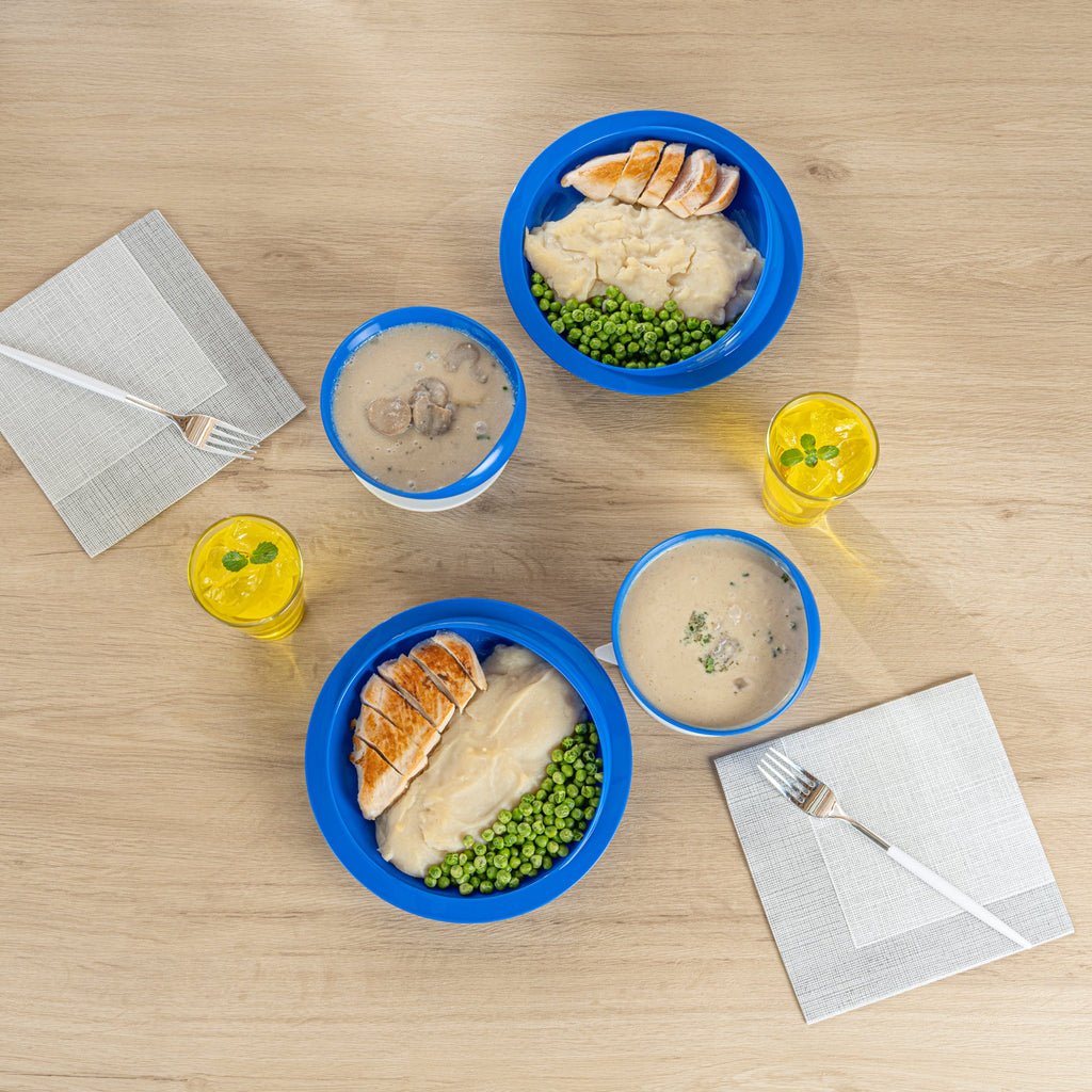 Adapt Tek Blue Plastic 2-Piece Scoop Plate and Bowl Set - Spillproof, with Suction Base - Includes 1 Plate and 1 Bowl
