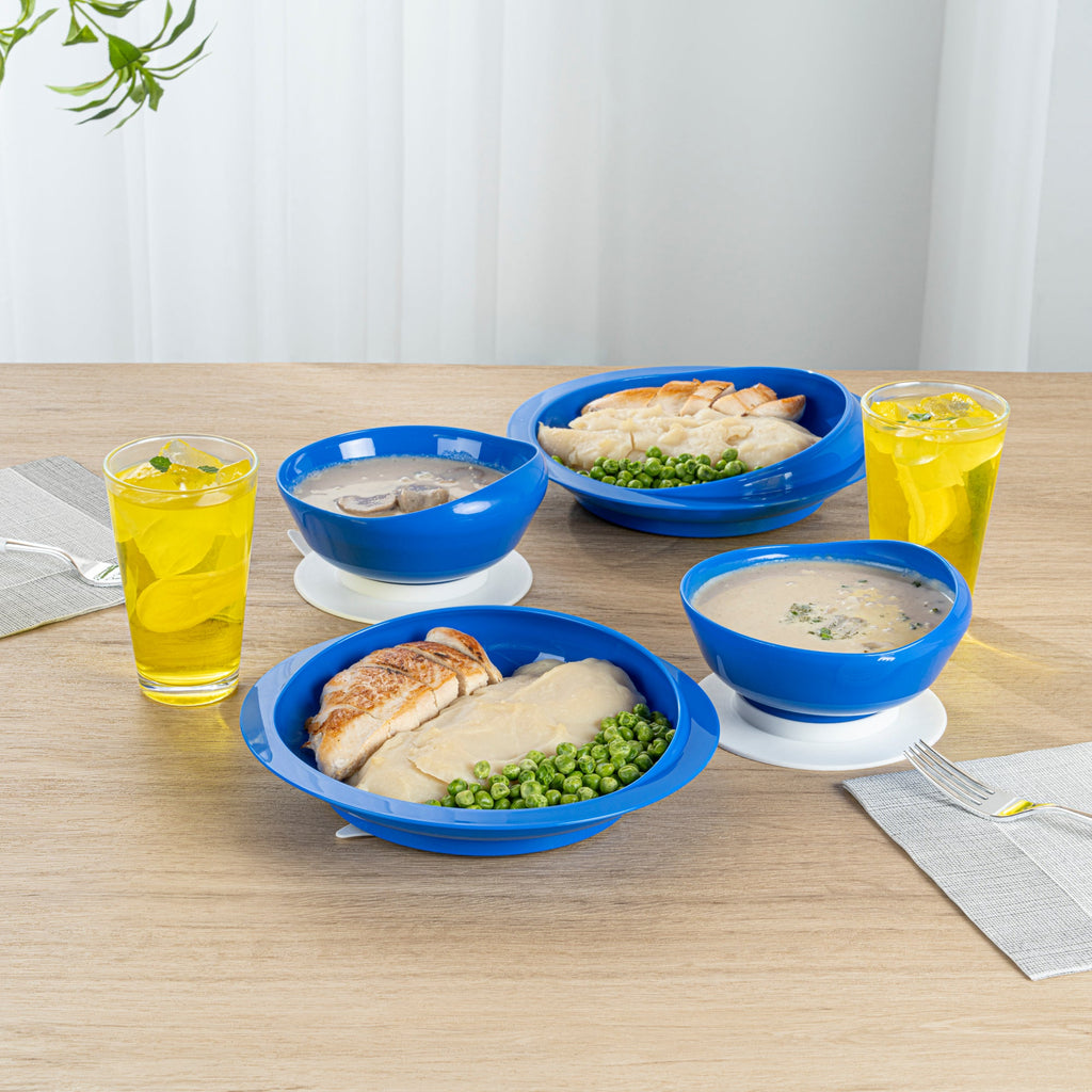 Adapt Tek Blue Plastic 2-Piece Scoop Plate and Bowl Set - Spillproof, with Suction Base - Includes 20 Plates and 20 Bowls