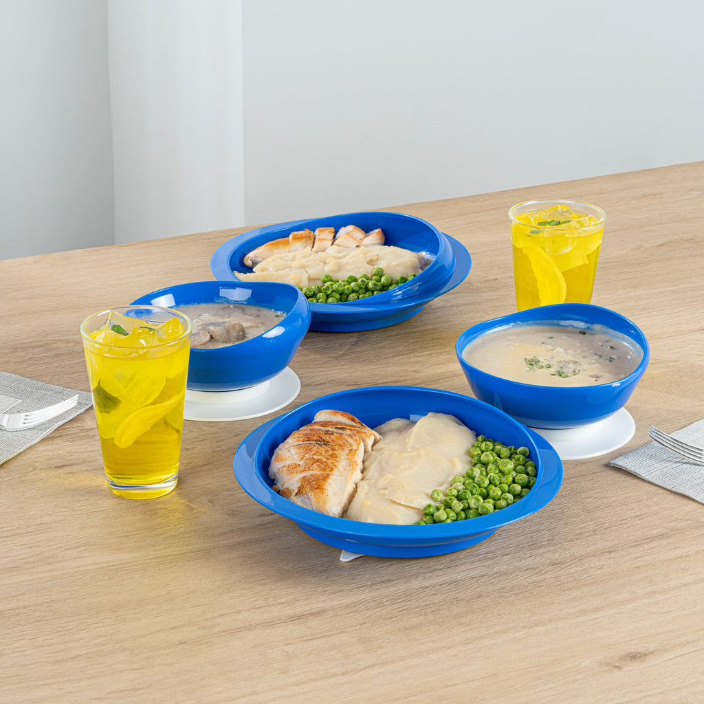 Adapt Tek Blue Plastic 2-Piece Scoop Plate and Bowl Set - Spillproof, with Suction Base - Includes 20 Plates and 20 Bowls