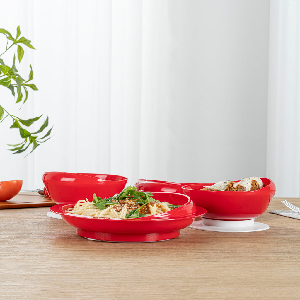Adapt Tek Red Plastic 2-Piece Scoop Plate and Bowl Set - Spillproof, with Suction Base - Includes 1 Plate and 1 Bowl