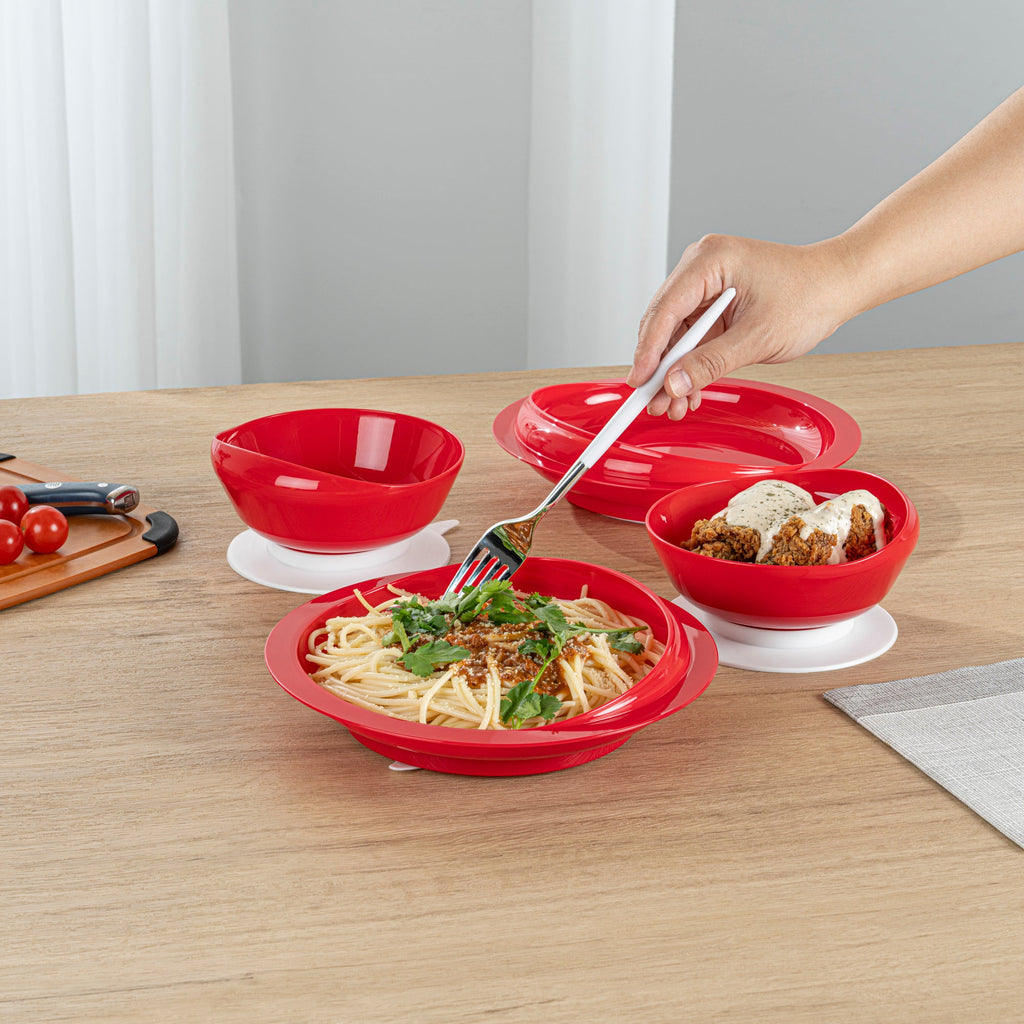 Adapt Tek Red Plastic 2-Piece Scoop Plate and Bowl Set - Spillproof, with Suction Base - Includes 1 Plate and 1 Bowl