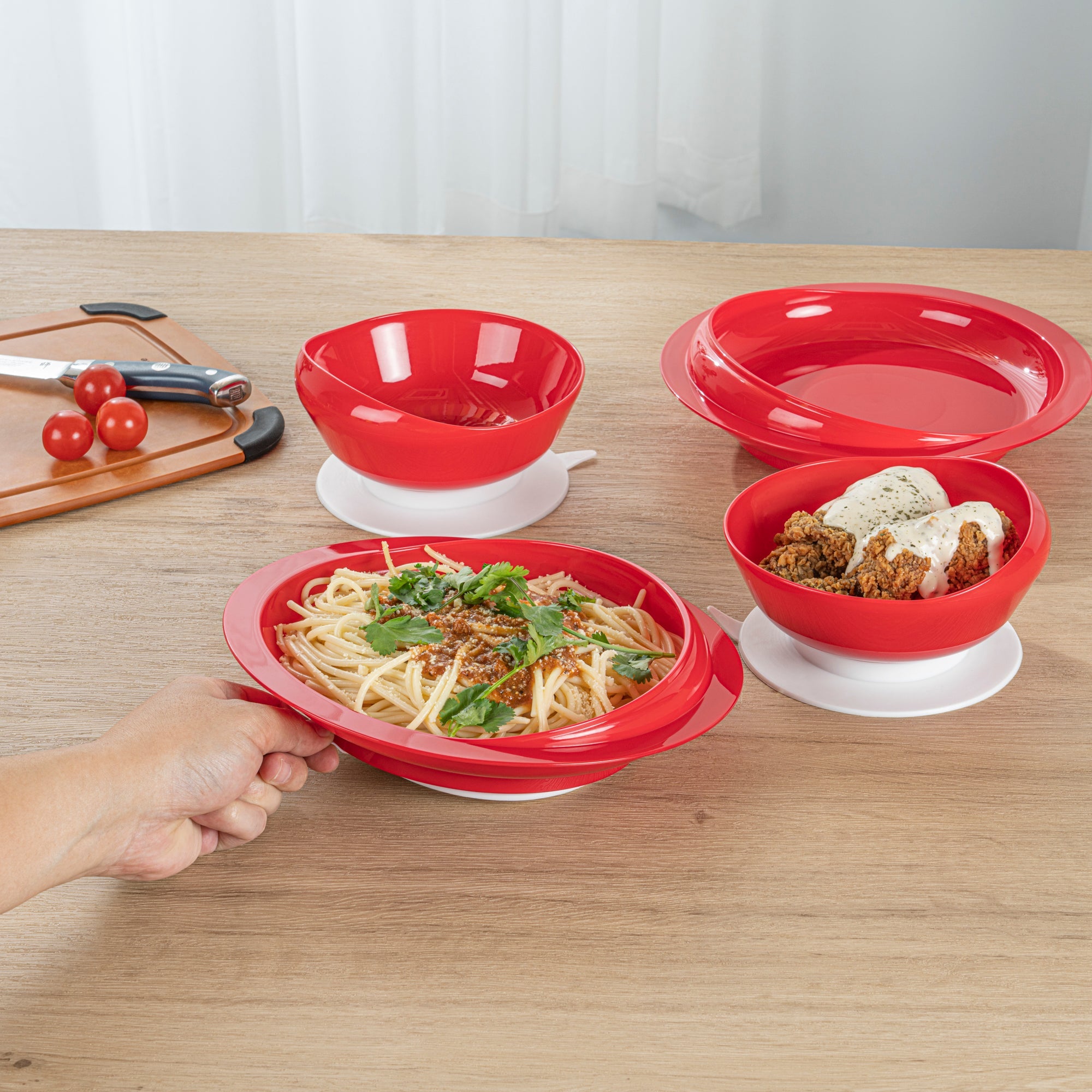 Adapt Tek Red Plastic 2-Piece Scoop Plate and Bowl Set - Spillproof, with Suction Base - Includes 1 Plate and 1 Bowl