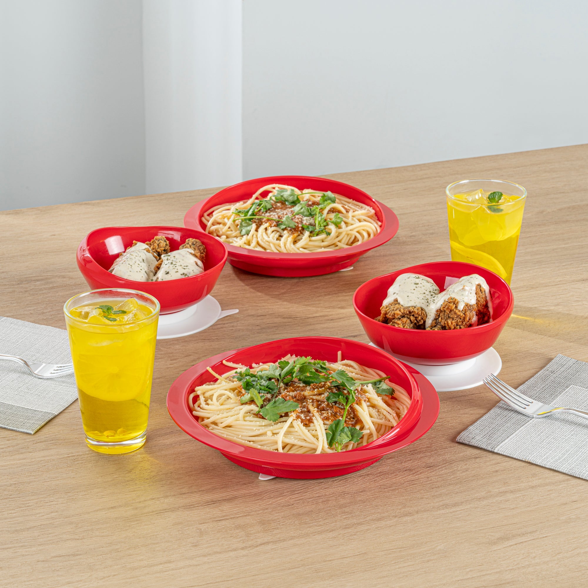 Adapt Tek Red Plastic 2-Piece Scoop Plate and Bowl Set - Spillproof, with Suction Base - Includes 1 Plate and 1 Bowl