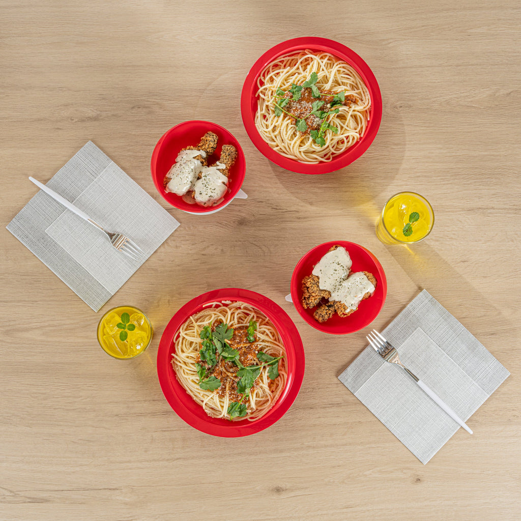 Adapt Tek Red Plastic 2-Piece Scoop Plate and Bowl Set - Spillproof, with Suction Base - Includes 1 Plate and 1 Bowl