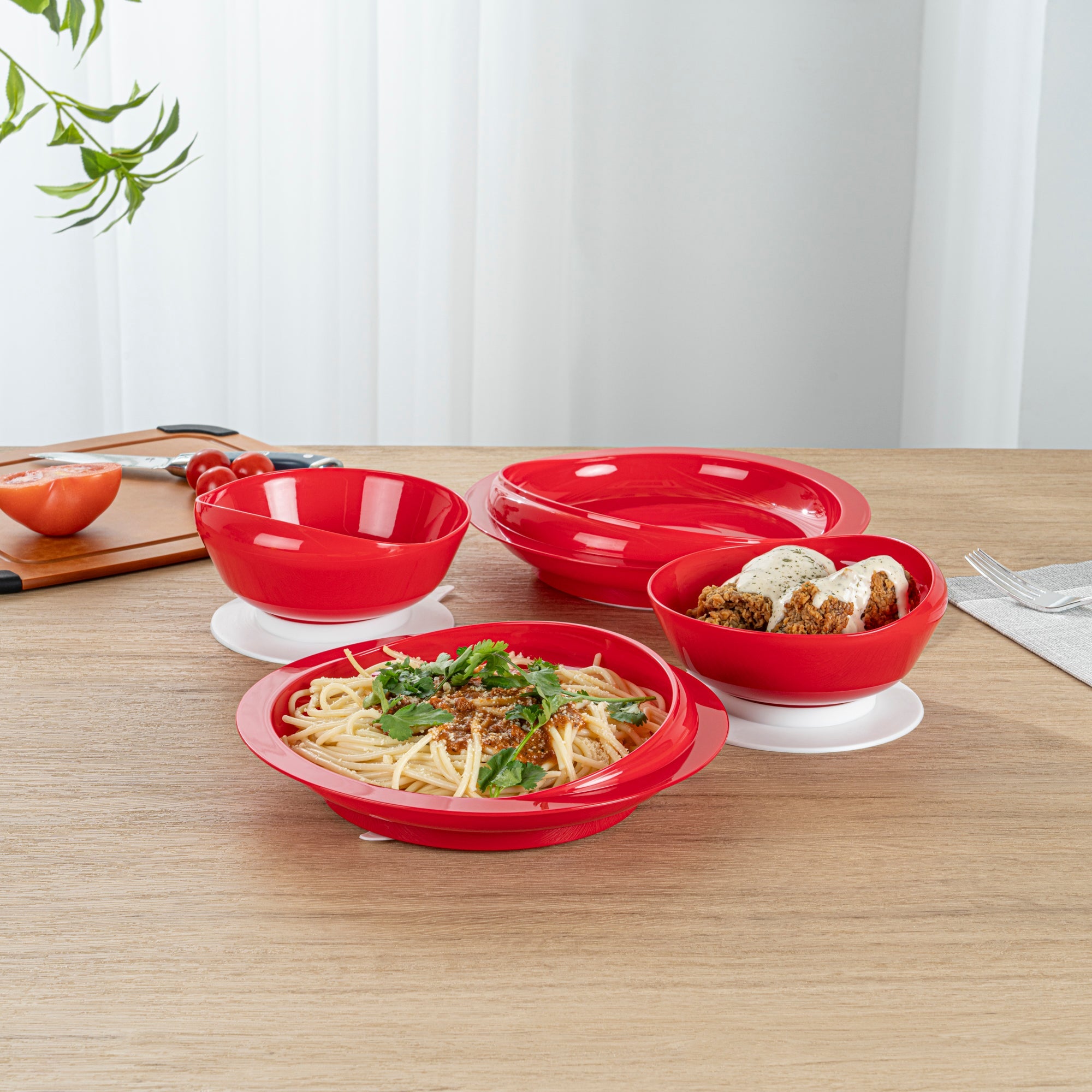 Adapt Tek Red Plastic 2-Piece Scoop Plate and Bowl Set - Spillproof, with Suction Base - Includes 20 Plates and 20 Bowls