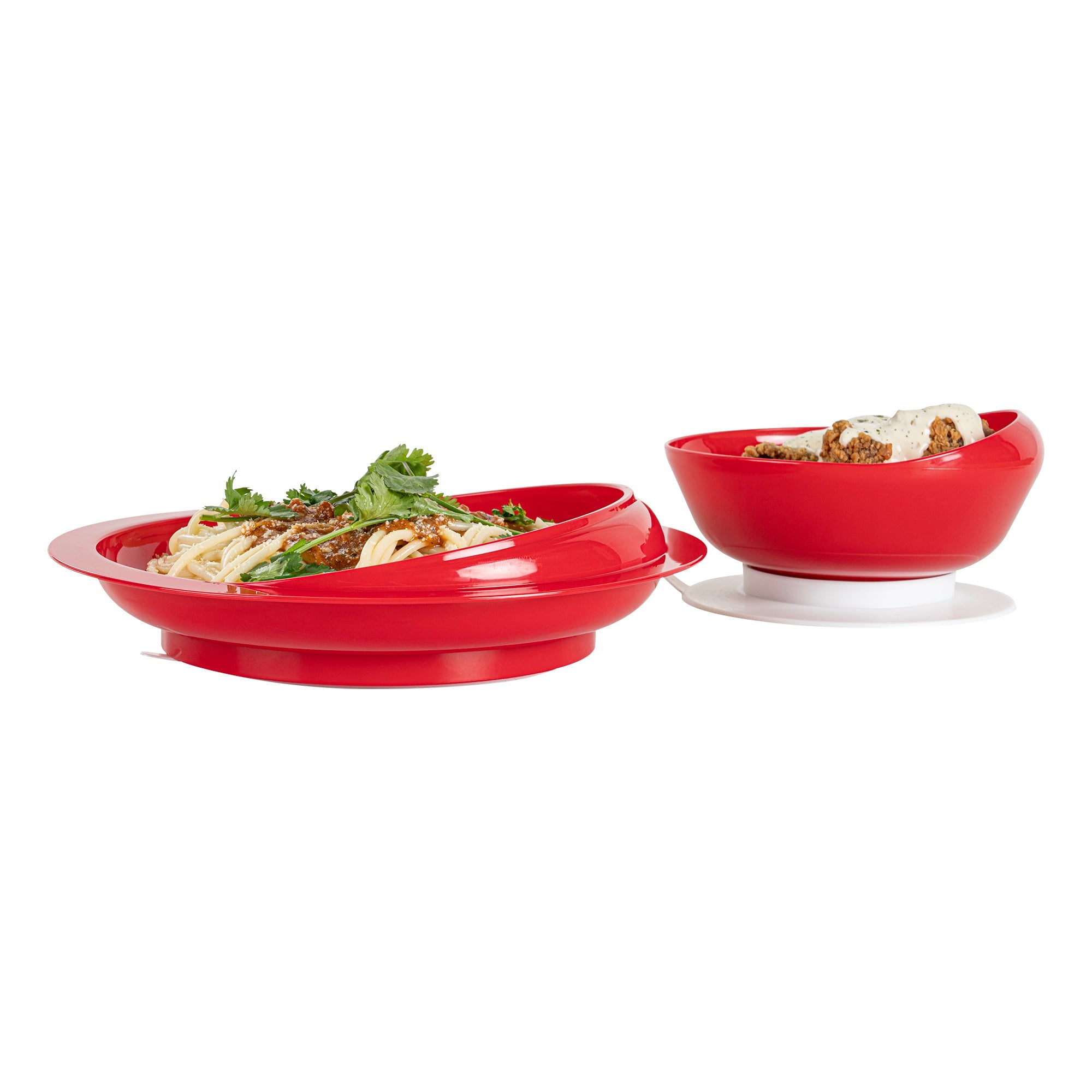 Adapt Tek Red Plastic 2-Piece Scoop Plate and Bowl Set - Spillproof, with Suction Base - Includes 20 Plates and 20 Bowls